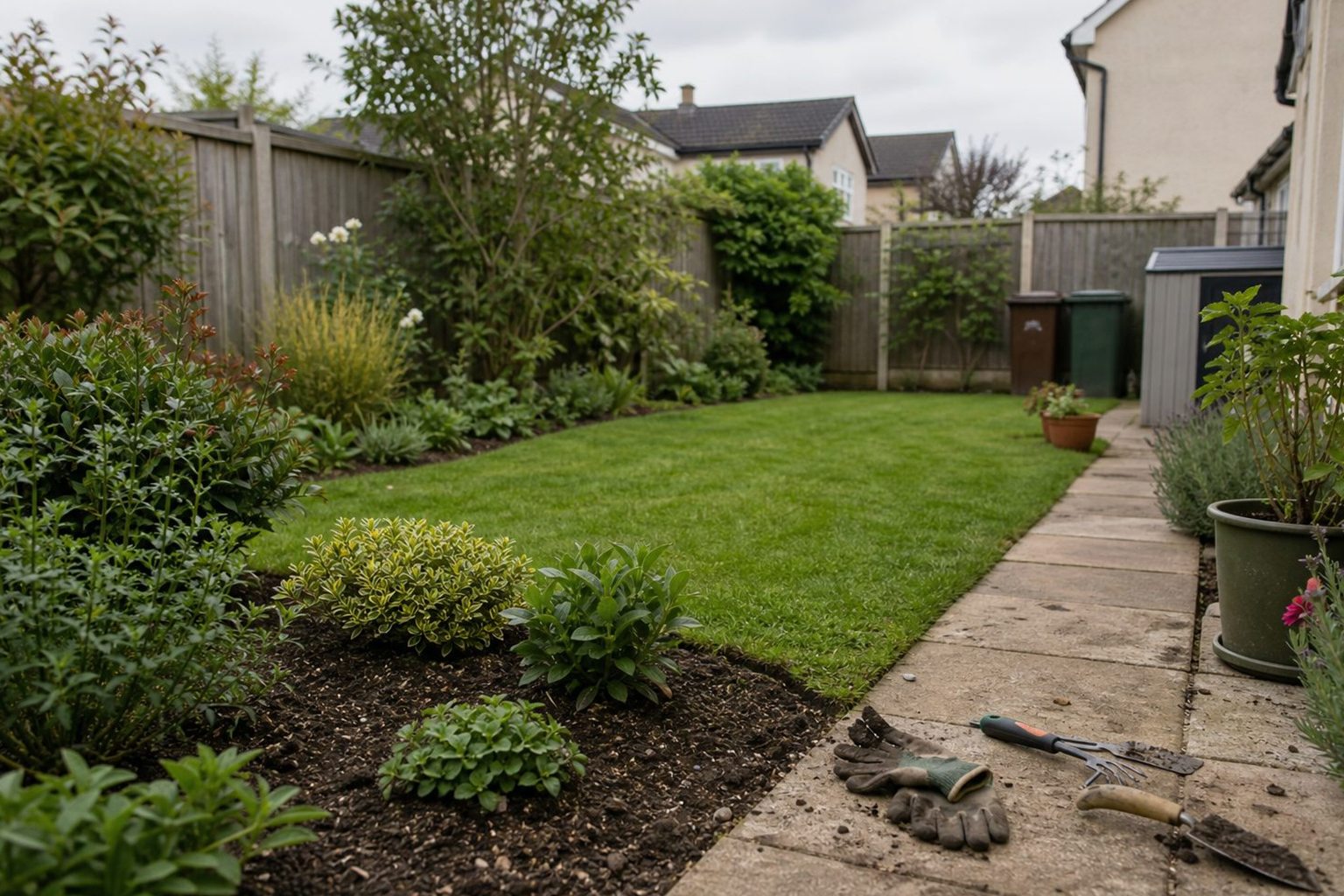 Tidy garden border with gloves and hand tools ready for garden care