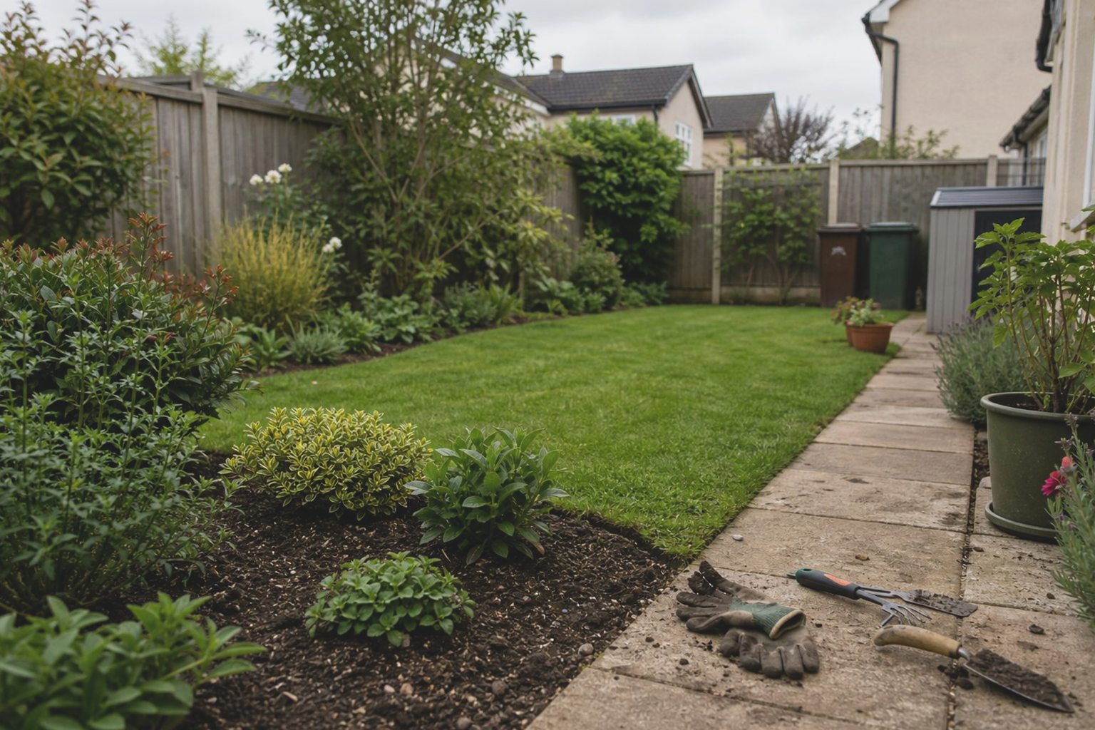 A well-maintained back garden with a tidy lawn and borders