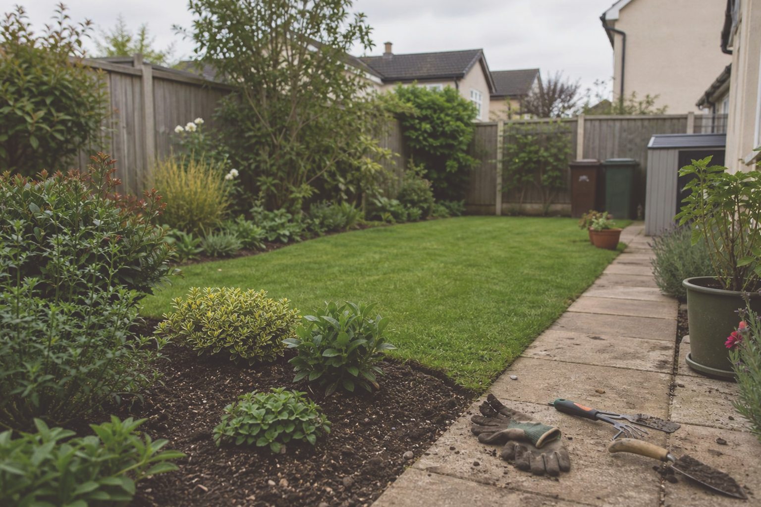 A well-maintained back garden with a tidy lawn and borders
