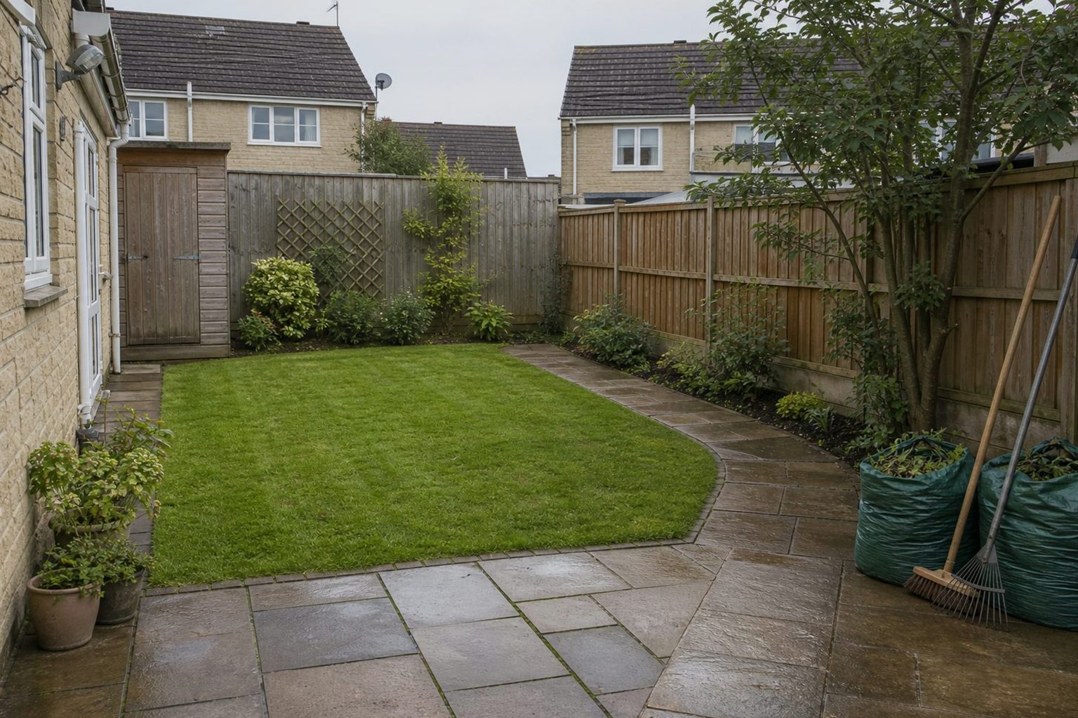 A garden tidied up after a one-off clear-up