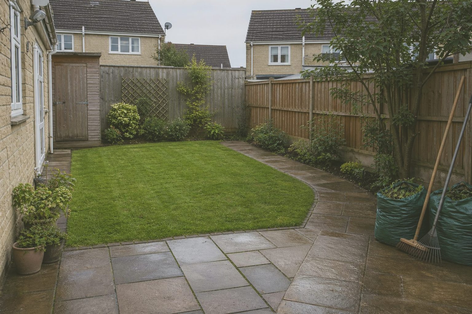 A garden tidied up after a one-off clear-up