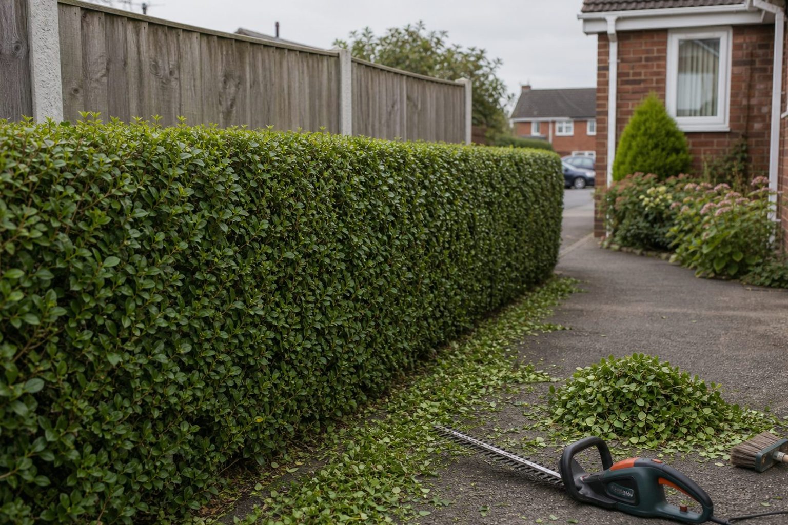 A neatly trimmed hedge beside a garden path