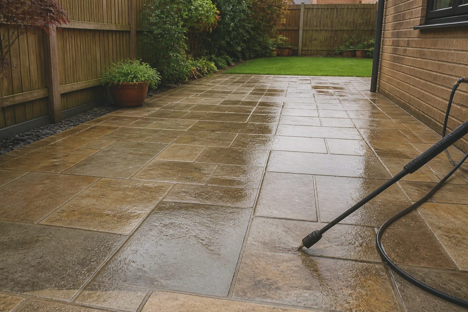 Clean patio paving after pressure washing