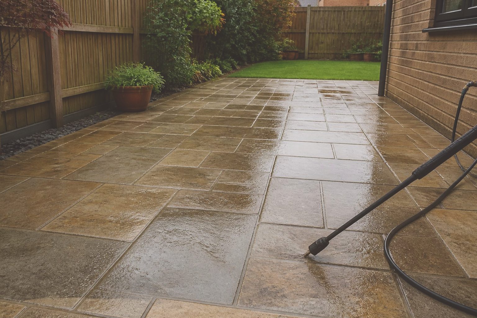 Clean patio paving after pressure washing