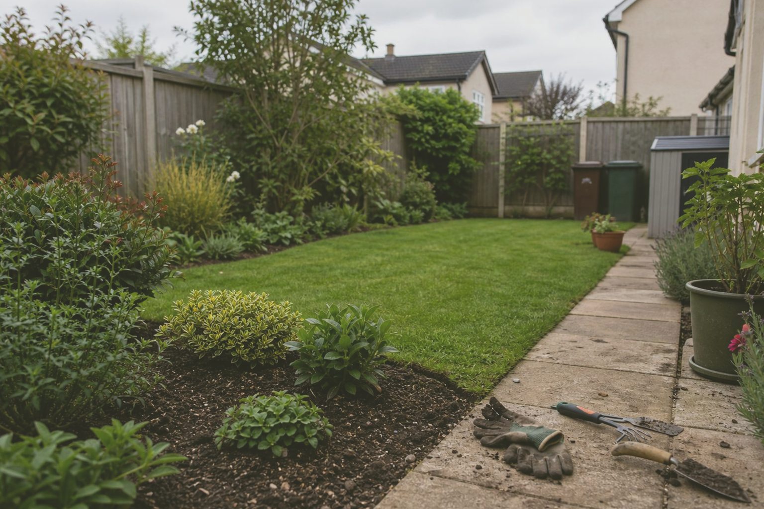 A freshly weeded and replanted garden border