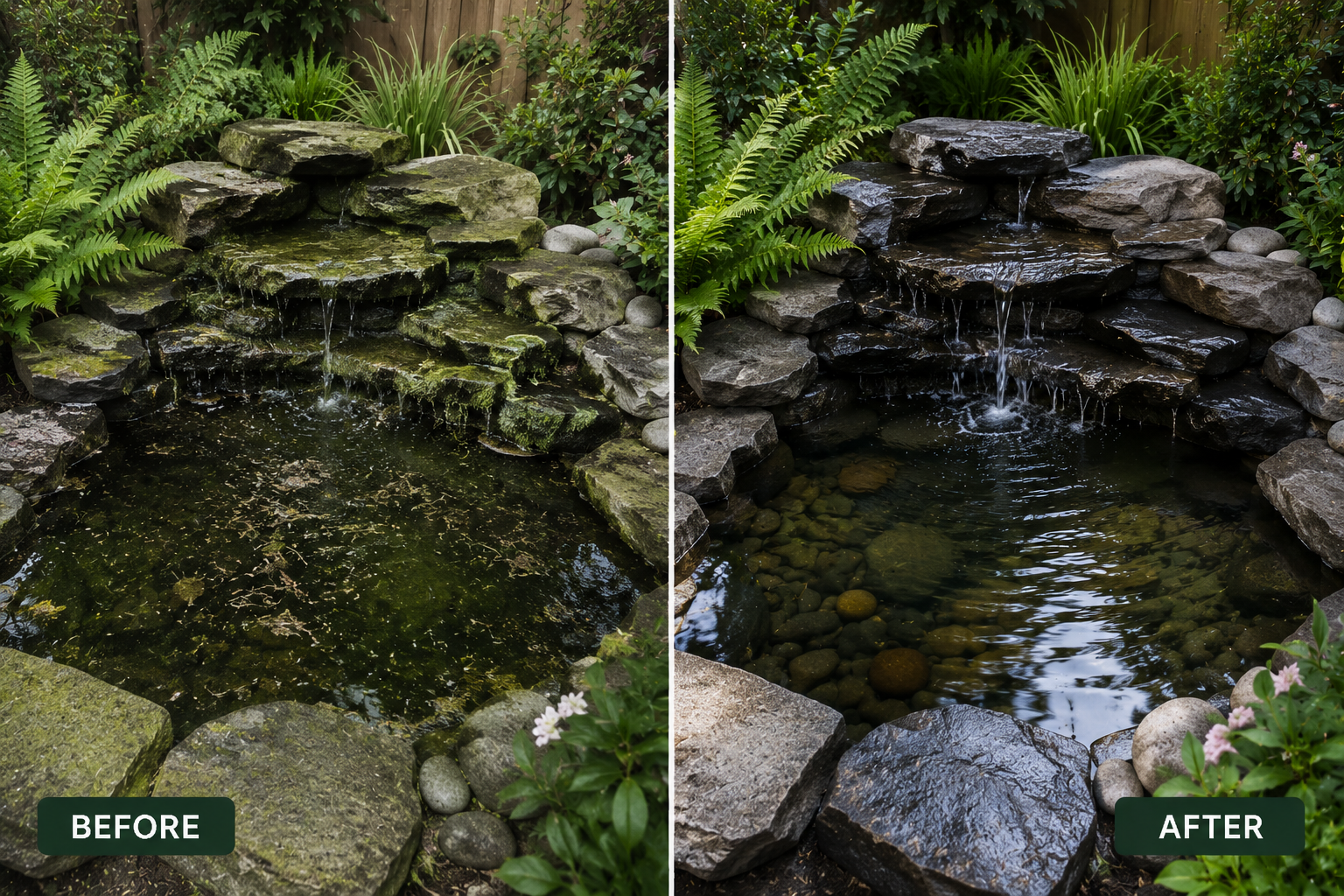Before and after garden water feature cleaning